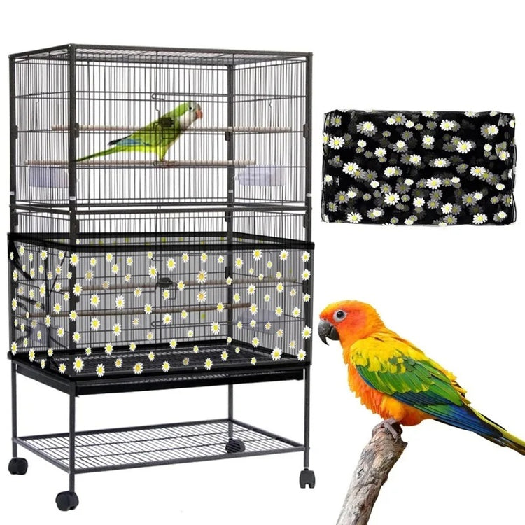 L Black Flower【Height 30, Circumference 220】 Large Bird Cage Seed Catcher Net Cover - Adjustable Mesh Guard Splash-Proof Dust Cover for Indoor Outdoor Cages