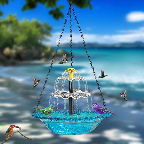 Blue Solar Hanging 3-Layer Cascade Bird Bath Fountain & Wildlife Feeder - 9.25