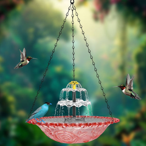 Pink Solar Hanging 3-Layer Cascade Bird Bath Fountain & Wildlife Feeder - 9.25