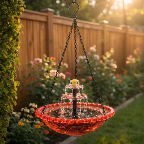 Red Solar Hanging 3-Layer Cascade Bird Bath Fountain & Wildlife Feeder - 9.25