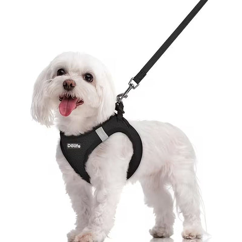 Black Breathable Dog Harness and Leash Set - Adjustable Reflective Pet Vest with Swivel Clip(Size: XS)