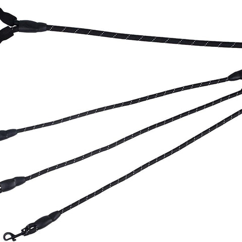 Black 3-in-1 No-Tangle Dog Leash for 1-3 Small Large Dogs – Heavy Duty 360° Swivel Bungee Coupler with Reflective Nylon Braid & Padded Handle