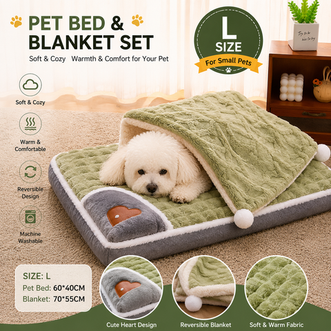 2-piece L size Green Pet Winter Comfort Bundle – 70*55cm Plush Pet Blanket and 60*40cm Thickened Pet Sleeping Bed Set for Dogs and Cats, Double-Sided Warm Blanket with Soft Plush Bed Cushion