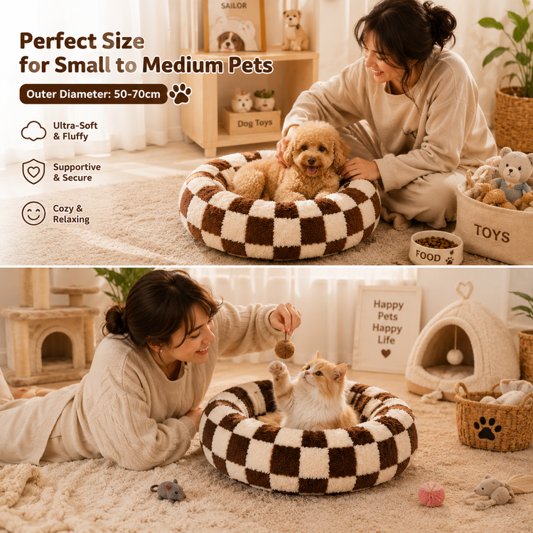 Small Medium Pet Donut Bed (Coffee plaid)-60cm outer diameter, Soft Plush Round Dog Bed and Cat Bed with Raised Rim, Cozy Calming Pet Sleeping Cushion, Checkered Washable Puppy Bed for Indoor Small Dogs Cats and Kittens