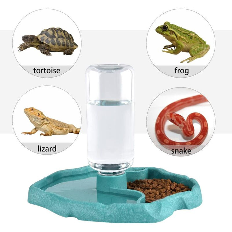 Reptile Water Dispenser, 2 In 1 Anti-Overflow Food Dispenser Bowl, Plastic Food Bowl For Tortoise Gecko - Blue