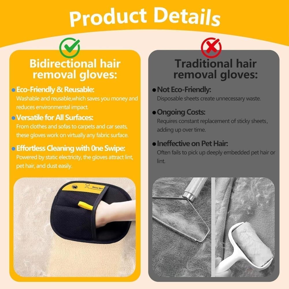 2-Pack Pet Fur Removal Glove, Double-Sided Reusable Static Hair Remover, Compatible with Cats and Dogs