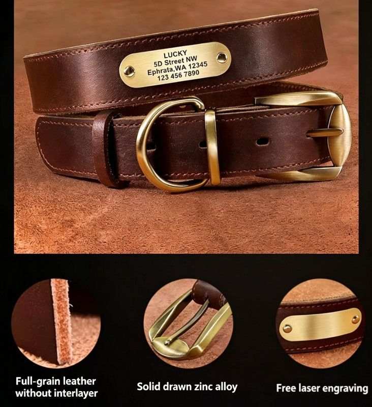 Premium Genuine Leather Dog Collar/Durable Real Leather Adjustable Collars For Male Female(XXL,Red)