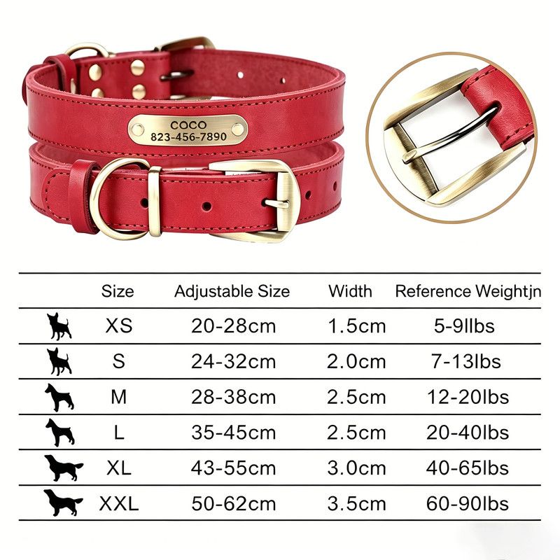 Premium Genuine Leather Dog Collar/Durable Real Leather Adjustable Collars For Male Female(XXL,Red)