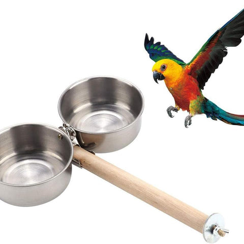 Bird Perch with Feeder CupsBowls Stainless Steel Odorless with Holder Hanger for Outside Durable Water Food Dispenser for Parakeet Cockatiel Conure African Grey Macaw Cage Accessories (B-20CM)