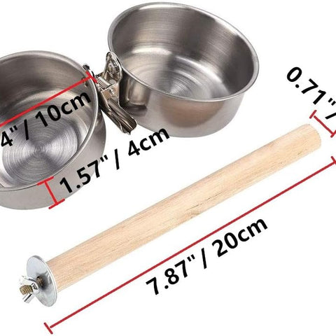 Bird Perch with Feeder CupsBowls Stainless Steel Odorless with Holder Hanger for Outside Durable Water Food Dispenser for Parakeet Cockatiel Conure African Grey Macaw Cage Accessories (B-20CM)