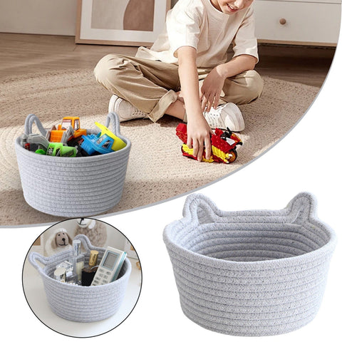 1 Piece Small Cat Ears Toy Organizer, Woven Cotton Rope Basket, Decorative Nursery Bins & Boxes Gift Basket Empty for Pet Toy, Grey, 19.8 x 10 cm