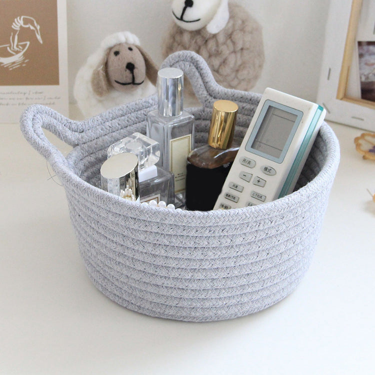 1 Piece Small Cat Ears Toy Organizer, Woven Cotton Rope Basket, Decorative Nursery Bins & Boxes Gift Basket Empty for Pet Toy, Grey, 21 x 12 cm
