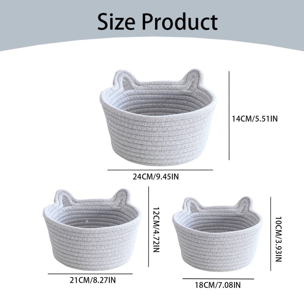 1 Piece Small Cat Ears Toy Organizer, Woven Cotton Rope Basket, Decorative Nursery Bins & Boxes Gift Basket Empty for Pet Toy, Grey, 22 x 15 x 14 cm