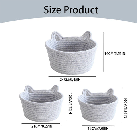1 Piece Small Cat Ears Toy Organizer, Woven Cotton Rope Basket, Decorative Nursery Bins & Boxes Gift Basket Empty for Pet Toy, Grey, 22 x 15 x 14 cm