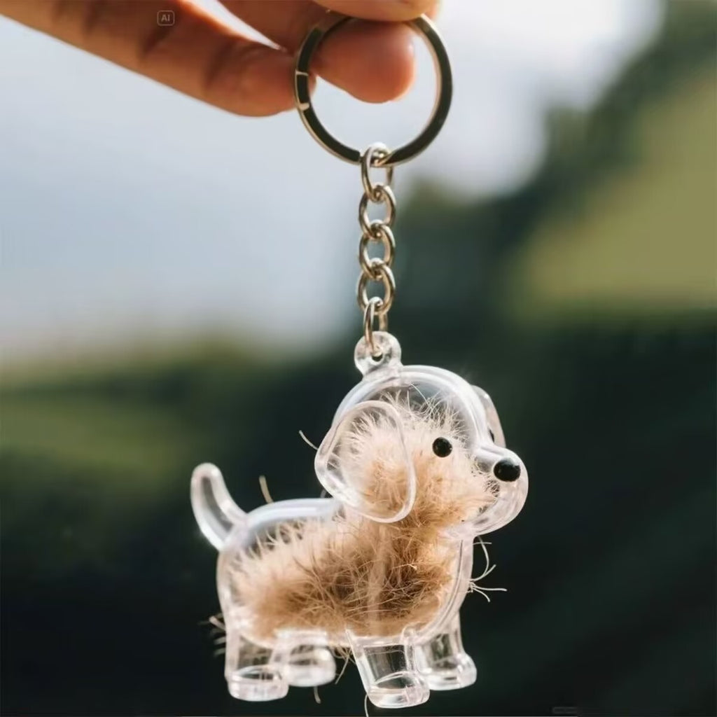 1 Piece Pet Hair Keepsake Keyring with Clear Memory Capsule, DIY Memorial Pendant for Fur, Ashes or Mementos, Grey Fluffy Dog Design