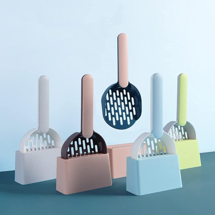 1 Piece Cat Litter Scoop with Open Holder and Storage Base, Durable Plastic Sifter for Hygienic Litter Box Cleaning, Blue