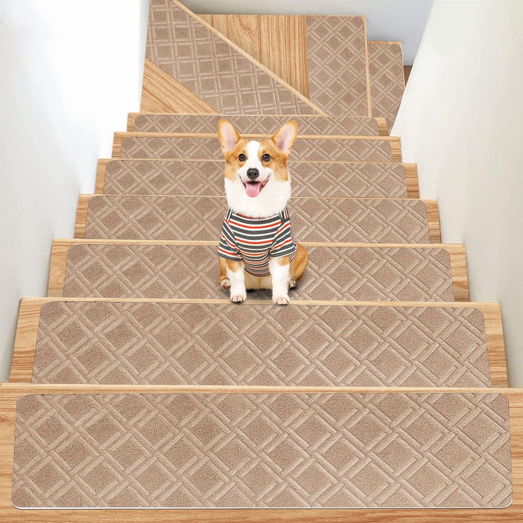 4-Piece Non-Slip Stair Treads, Self-Adhesive Striped Carpet Mats, Absorbent & Quiet Step Pads, Can Be Cut to Fit, Washable for Indoor Staircase Safety\u200b\u200b Khaki