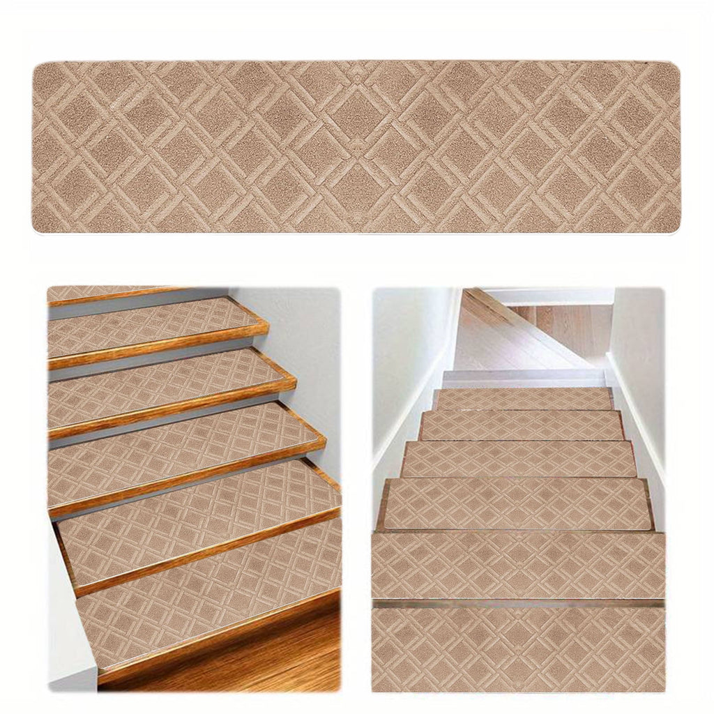 4-Piece Non-Slip Stair Treads, Self-Adhesive Striped Carpet Mats, Absorbent & Quiet Step Pads, Can Be Cut to Fit, Washable for Indoor Staircase Safety\u200b\u200b Khaki