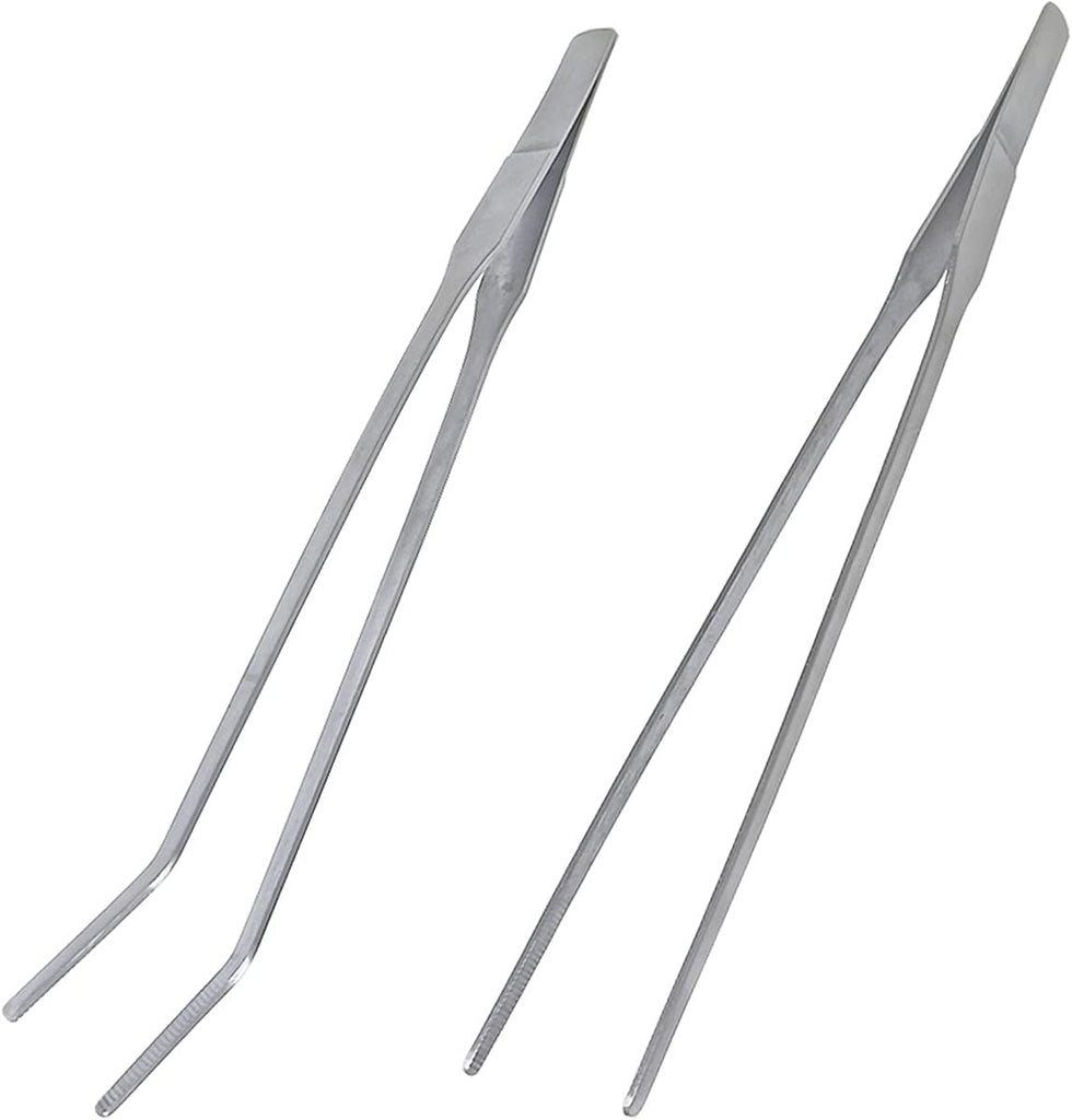 2 Pcs Feeding Tongs, Aquarium Tweezers Stainless Steel Straight and Curved Tweezers Set 27cm/10.6 inches Aquascaping Tools for Hold Worms, Reptiles, Lizards, Bearded Dragon (Silver)