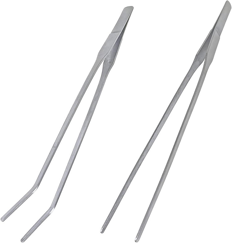 2 Pcs Feeding Tongs, Aquarium Tweezers Stainless Steel Straight and Curved Tweezers Set 27cm/10.6 inches Aquascaping Tools for Hold Worms, Reptiles, Lizards, Bearded Dragon (Silver)