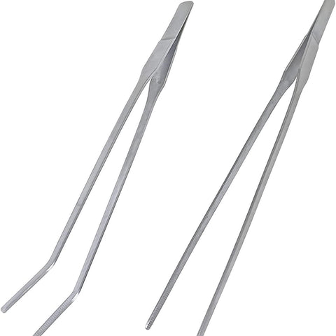 2 Pcs Feeding Tongs, Aquarium Tweezers Stainless Steel Straight and Curved Tweezers Set 27cm/10.6 inches Aquascaping Tools for Hold Worms, Reptiles, Lizards, Bearded Dragon (Silver)