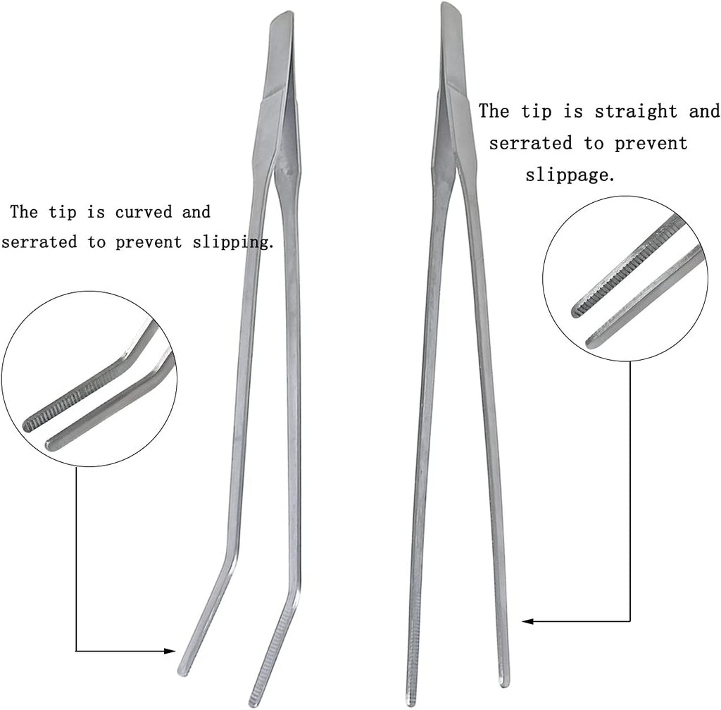 2 Pcs Feeding Tongs, Aquarium Tweezers Stainless Steel Straight and Curved Tweezers Set 27cm/10.6 inches Aquascaping Tools for Hold Worms, Reptiles, Lizards, Bearded Dragon (Silver)