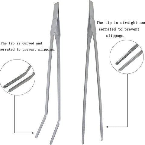 2 Pcs Feeding Tongs, Aquarium Tweezers Stainless Steel Straight and Curved Tweezers Set 27cm/10.6 inches Aquascaping Tools for Hold Worms, Reptiles, Lizards, Bearded Dragon (Silver)