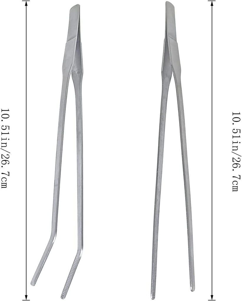 2 Pcs Feeding Tongs, Aquarium Tweezers Stainless Steel Straight and Curved Tweezers Set 27cm/10.6 inches Aquascaping Tools for Hold Worms, Reptiles, Lizards, Bearded Dragon (Silver)