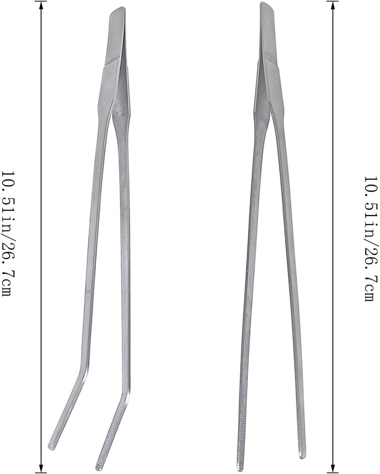2 Pcs Feeding Tongs, Aquarium Tweezers Stainless Steel Straight and Curved Tweezers Set 27cm/10.6 inches Aquascaping Tools for Hold Worms, Reptiles, Lizards, Bearded Dragon (Silver)