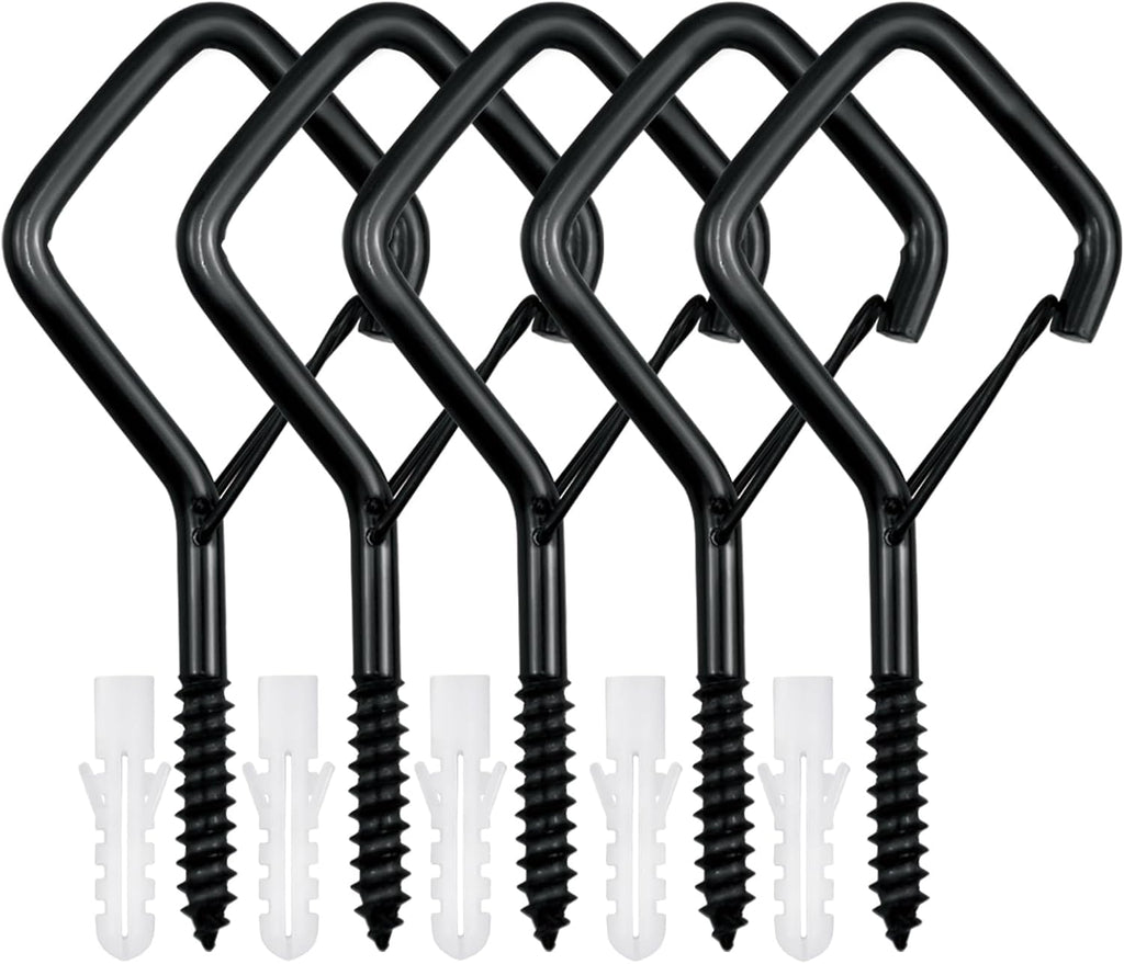 5 PCS Black Eye Screw Hooks, 4 Inch Ceiling Hooks for Hanging Heavy Duty Items with Safety Buckle – Metal Eye Bolt Hooks for Hanging Plants, Wind Chimes, Bird Feeders, String Lights, and More