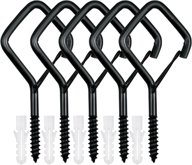 5 PCS Black Eye Screw Hooks, 4 Inch Ceiling Hooks for Hanging Heavy Duty Items with Safety Buckle – Metal Eye Bolt Hooks for Hanging Plants, Wind Chimes, Bird Feeders, String Lights, and More