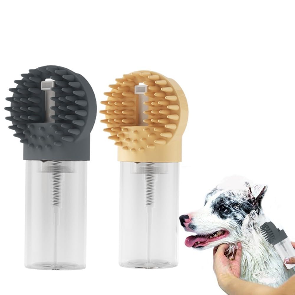 2-in-1 Silicone Pet Bath Brush with Shampoo Dispenser - Grey - Massage Grooming Tool for Dogs and Cats - Perfect for Bath Time Care
