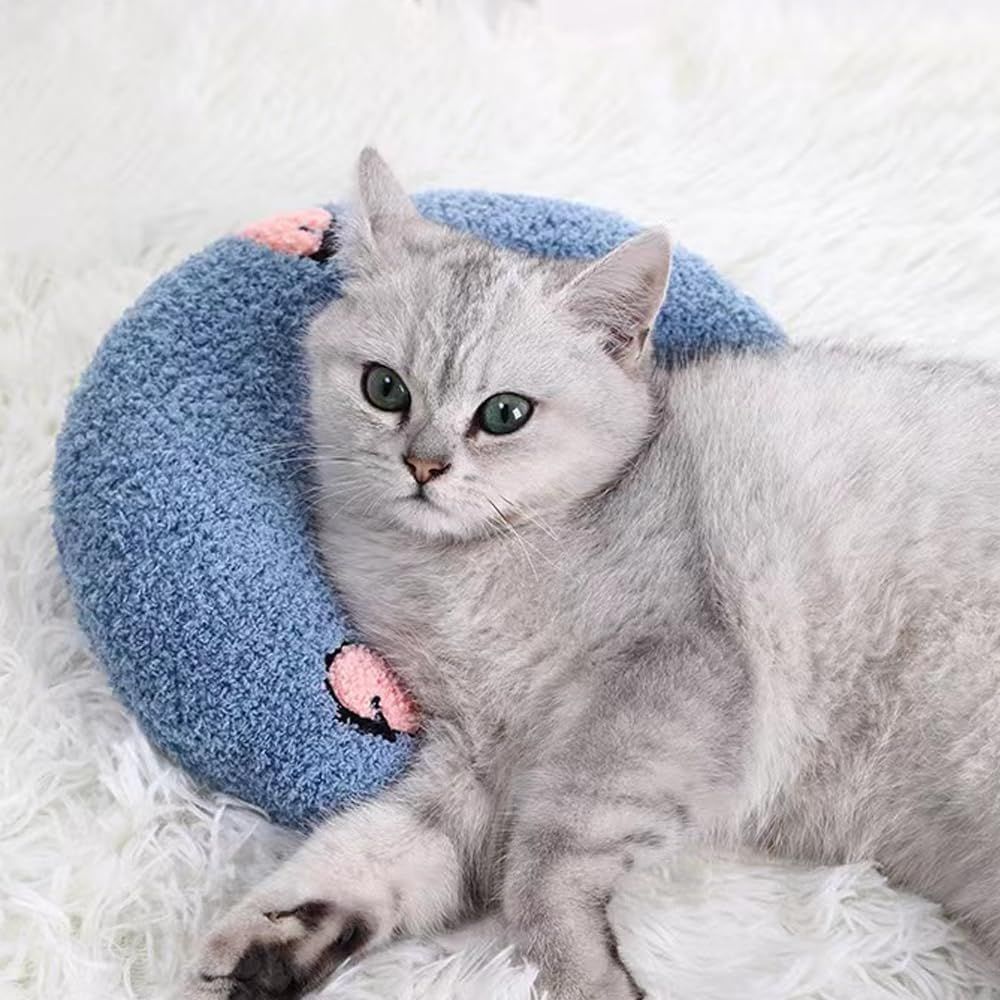 Calming Pillow for Dogs, Pet U Shape Calming Pillow Pet Neck Pillow Dog Calming Pillow for Small Dogs, Ultra Soft Fluffy Pet Calming Toy for Joint Relief Sleeping Improve Machine Washable (Blue-1)