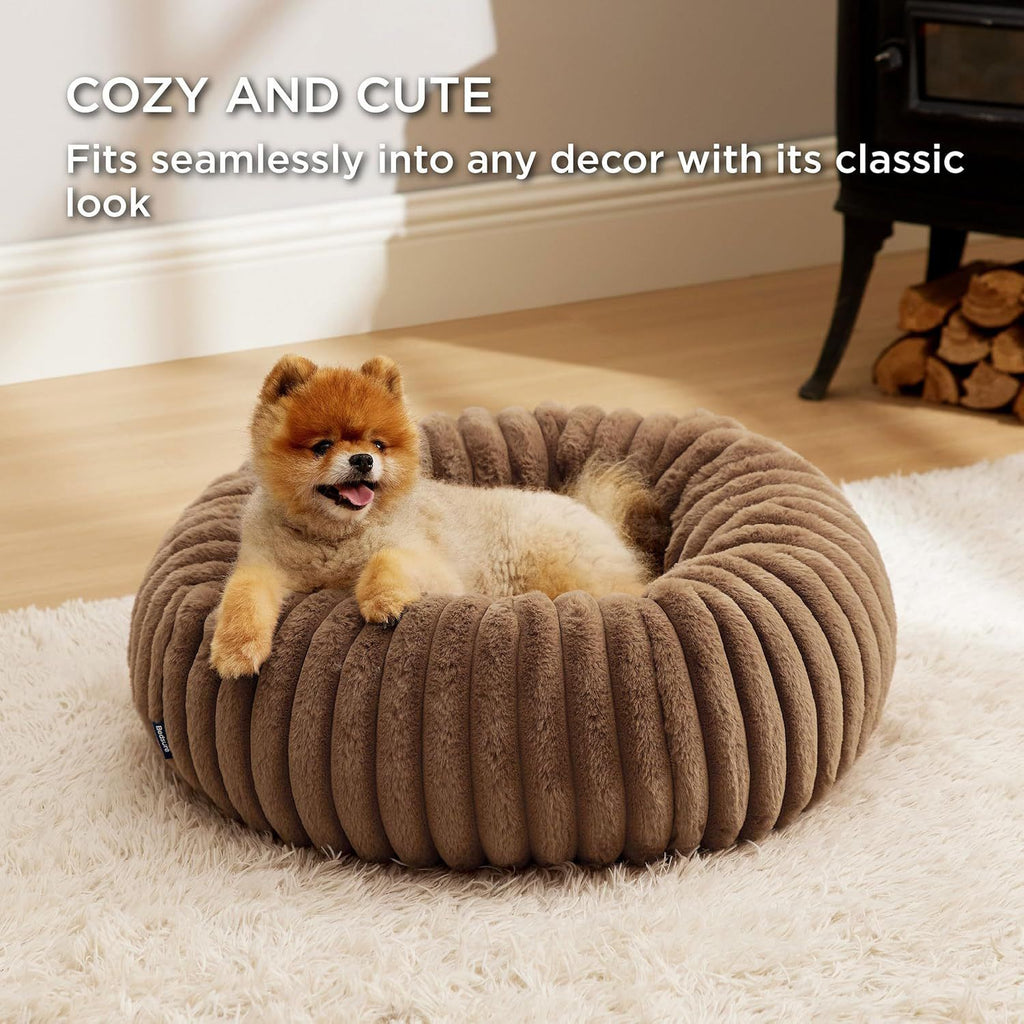 Calming Donut Pet Bed - Faux Rabbit Fur Soft Warm Round Cat Dog Bed - Plush Cozy Cuddler for Small Dogs Cats - Camel L 80cm