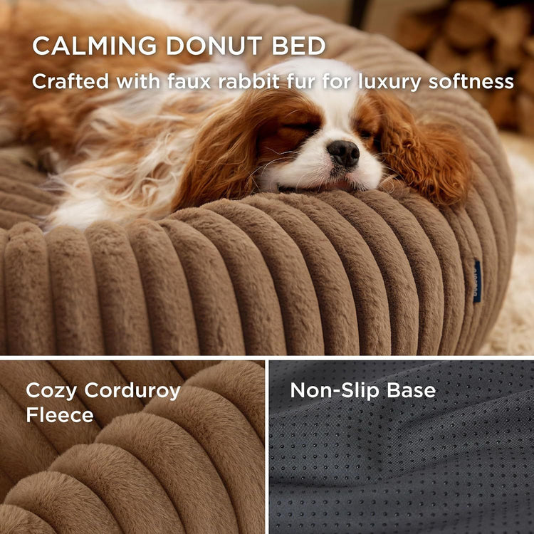 Calming Donut Pet Bed - Faux Rabbit Fur Soft Warm Round Cat Dog Bed - Plush Cozy Cuddler for Small Dogs Cats - Camel L 80cm