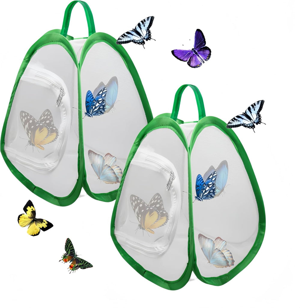 2 Pack Mini Butterfly Habitat Cage- 23 x 25.5 x 21CM, Butterfly Net, Collapsible Insect Mesh Cage- Portable Butterfly Net Habitat with Zipper for Transporting and Raising