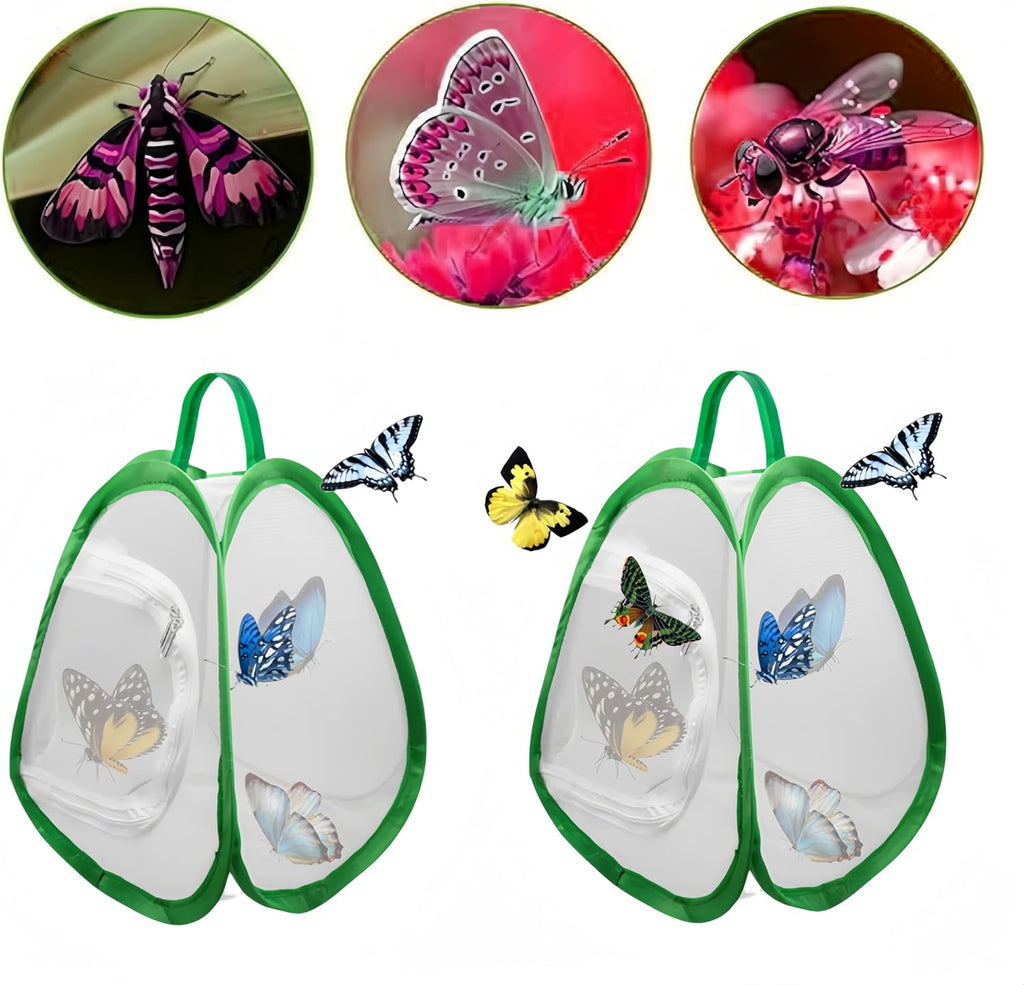 2 Pack Mini Butterfly Habitat Cage- 23 x 25.5 x 21CM, Butterfly Net, Collapsible Insect Mesh Cage- Portable Butterfly Net Habitat with Zipper for Transporting and Raising