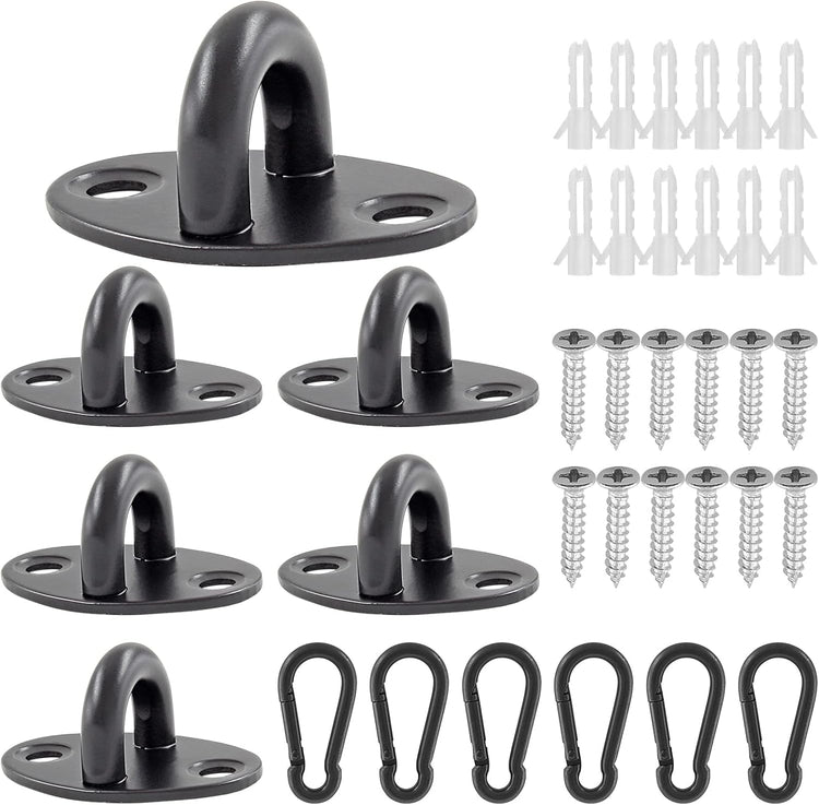 Biaungdo 6 Pcs Stainless Steel Ceiling Hooks, Black 1.54" x 1.06" Pad Eyes Plate Marine Hardware Ceiling Hooks with Screws & Expansion Tube