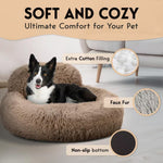Cozy Plush Donut Pet Bed with Raised Rim, Washable Faux Fur Cat & Dog Couch, Winter Warm Supportive Nest for Small to Large Breeds (L, Silver)