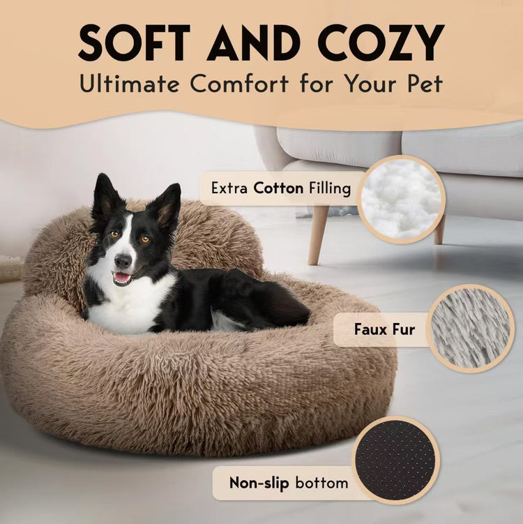 Cozy Plush Donut Pet Bed with Raised Rim, Washable Faux Fur Cat & Dog Couch, Winter Warm Supportive Nest for Small to Large Breeds (L, Silver)
