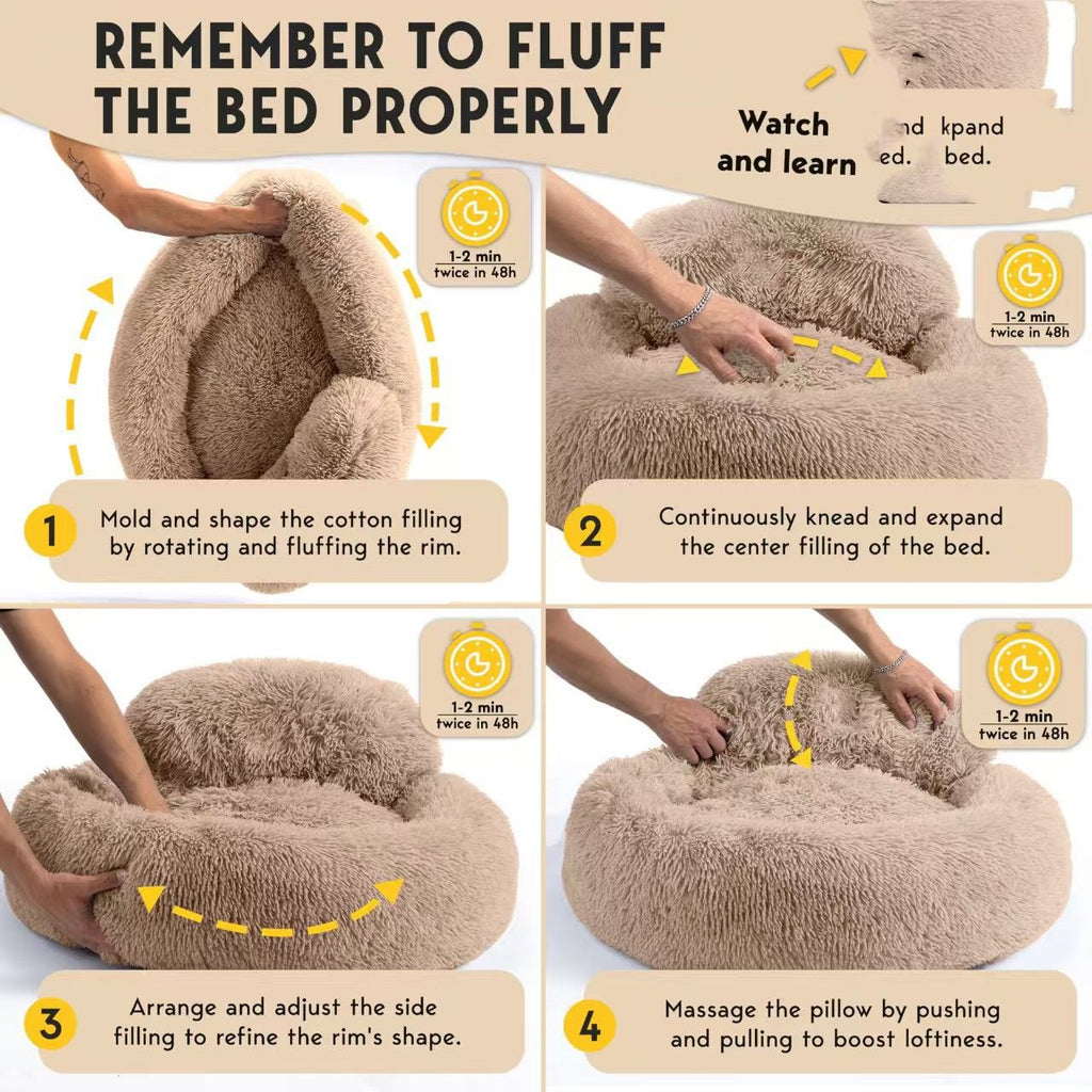 Cozy Plush Donut Pet Bed with Raised Rim, Washable Faux Fur Cat & Dog Couch, Winter Warm Supportive Nest for Small to Large Breeds (L, Silver)