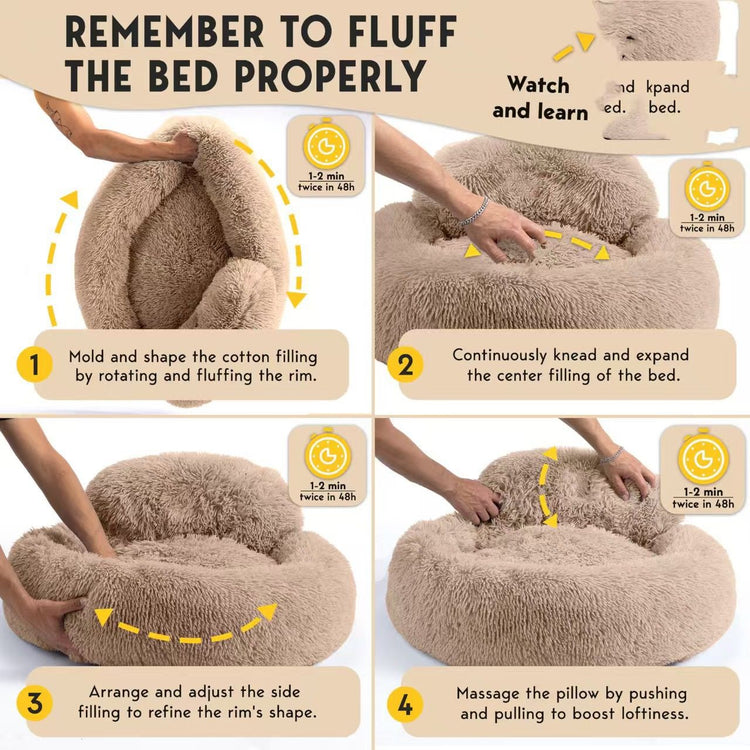 Cozy Plush Donut Pet Bed with Raised Rim, Washable Faux Fur Cat & Dog Couch, Winter Warm Supportive Nest for Small to Large Breeds (L, Silver)