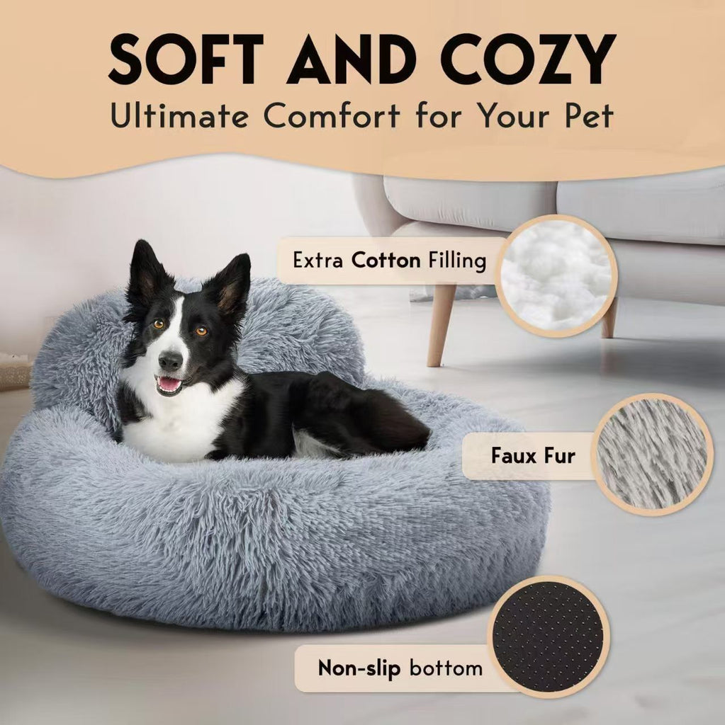 Cozy Plush Donut Pet Bed with Raised Rim, Washable Faux Fur Cat & Dog Couch, Winter Warm Supportive Nest for Small to Large Breeds (L, Silver)