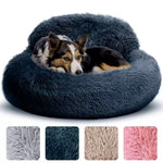 Cozy Plush Donut Pet Bed with Raised Rim, Washable Faux Fur Cat & Dog Couch, Winter Warm Supportive Nest for Small to Large Breeds (L, Silver)