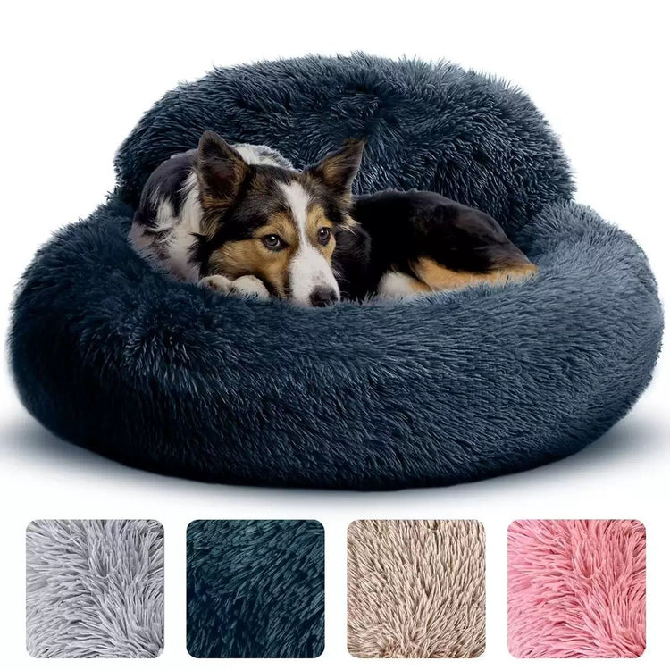 Cozy Plush Donut Pet Bed with Raised Rim, Washable Faux Fur Cat & Dog Couch, Winter Warm Supportive Nest for Small to Large Breeds (L, Silver)