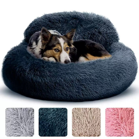 Cozy Plush Donut Pet Bed with Raised Rim, Washable Faux Fur Cat & Dog Couch, Winter Warm Supportive Nest for Small to Large Breeds (M, Navy)