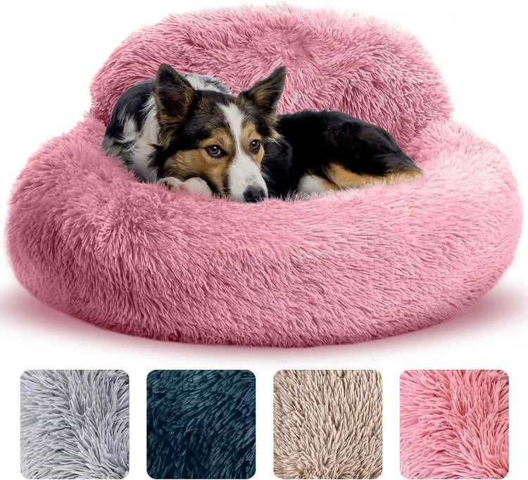 Cozy Plush Donut Pet Bed with Raised Rim, Washable Faux Fur Cat & Dog Couch, Winter Warm Supportive Nest for Small to Large Breeds (M, Silver)