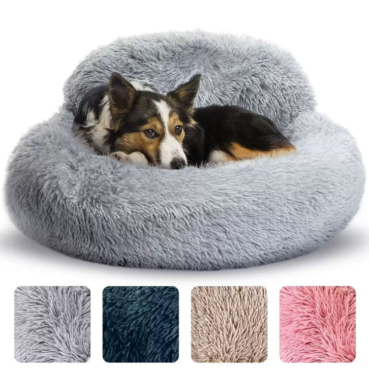 Cozy Plush Donut Pet Bed with Raised Rim, Washable Faux Fur Cat & Dog Couch, Winter Warm Supportive Nest for Small to Large Breeds (S, Silver)