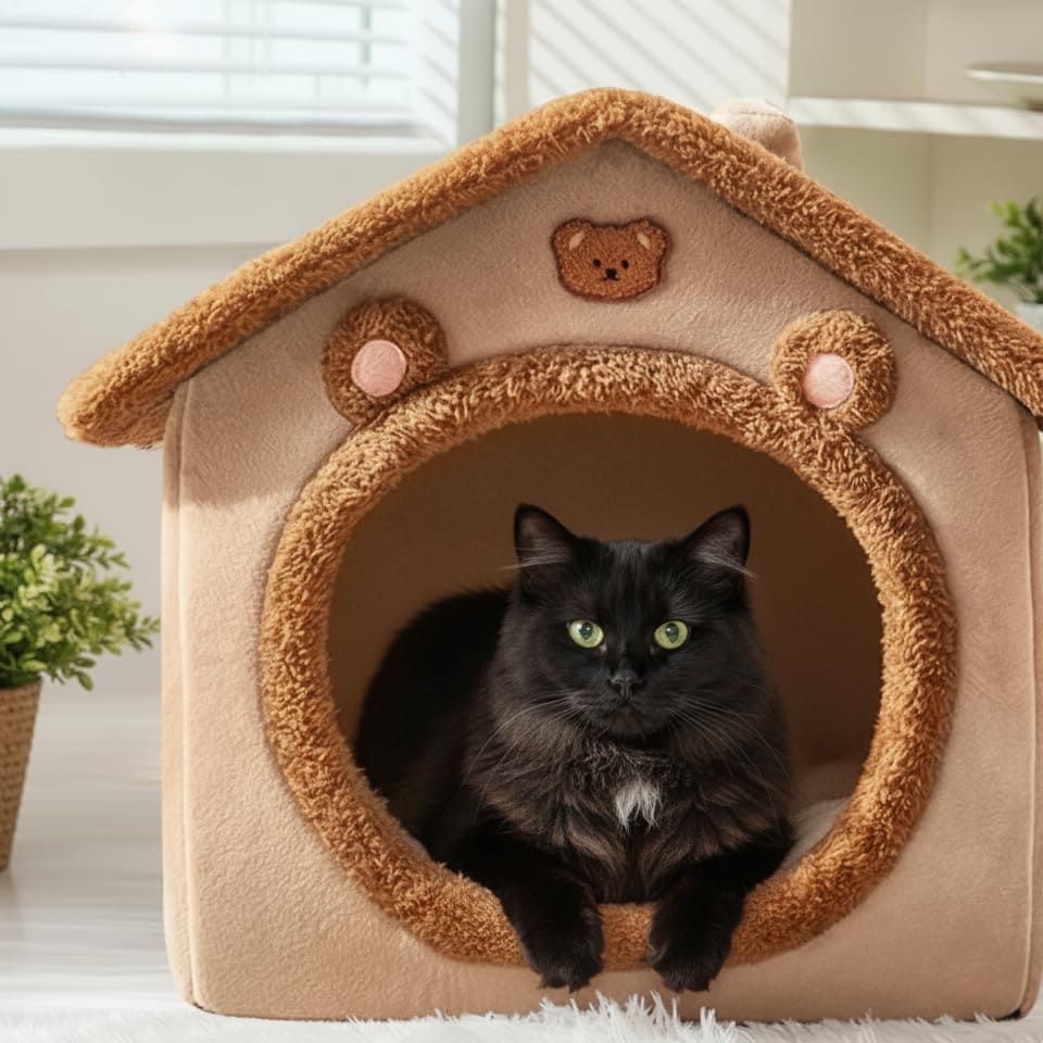 Cozy Pet Cave Bed for Cats and Small Dogs – Soft, Warm, and Washable Faux Fur Nest with Removable Cushion, Perfect Winter Sleeping Hut for Your Furry Friend’s Comfort and Safety (S)