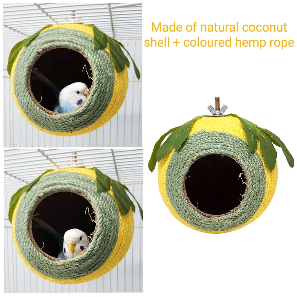 Bird Nest Parrot Nest Coconut Shell Braided Twine Colourful Cage Hanging Bed - White-Green-Screw Model